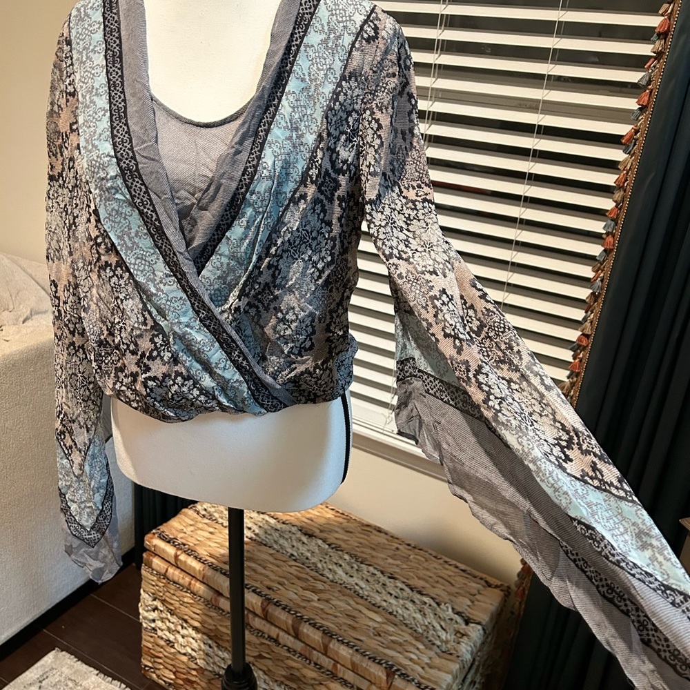 Elegant sheer Wrap Top - Blue and Gray